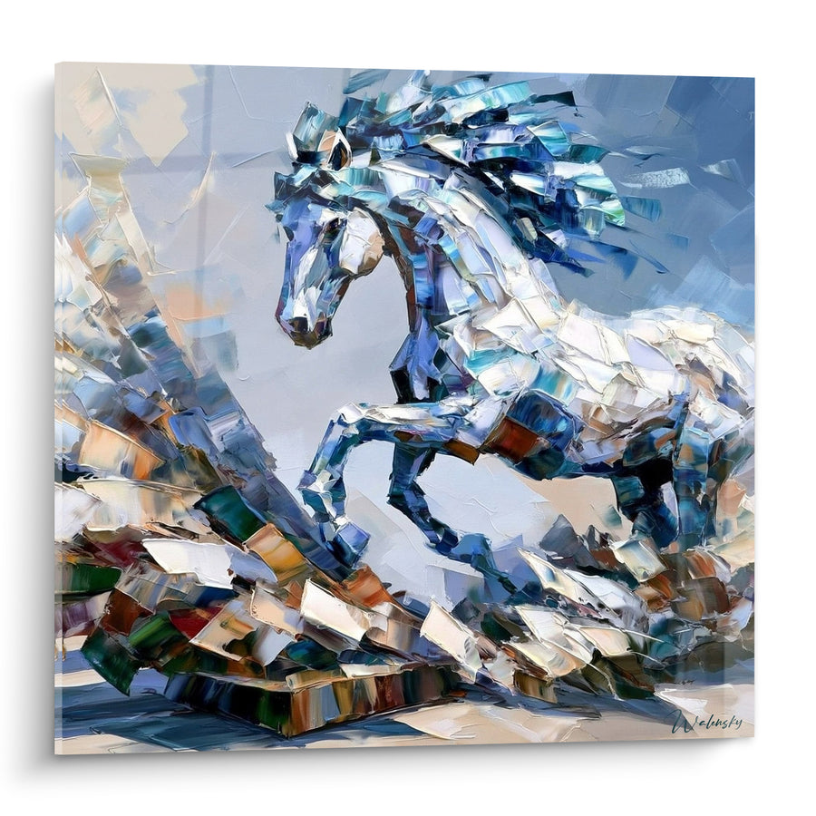 Tableau Cheval bleu et blanc au galop texturé - Fureur du galop - Edition Cheval