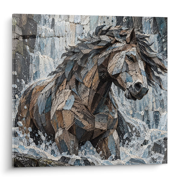 Tableau Cheval cubiste brun et bleu ardoise - Fureur minérale - Edition Cheval