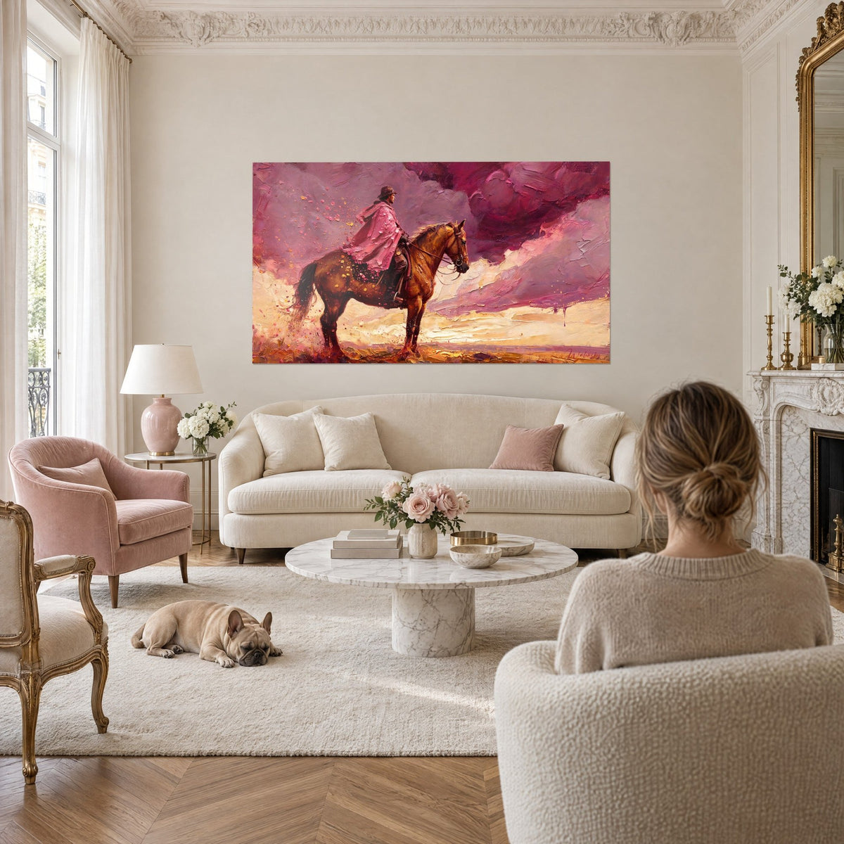Cuadro de un jinete con poncho rosa sobre su alazán, nubes púrpura y cielo crema, encima de un sofá en un salón luminoso