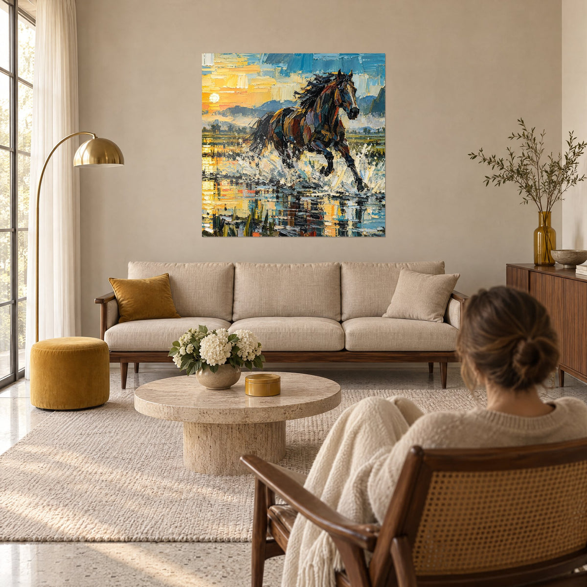 Tableau étalon brun éclaboussant l'eau dorée, ciel jaune et bleu, femme de dos au-dessus d'un canapé dans un salon lumineux