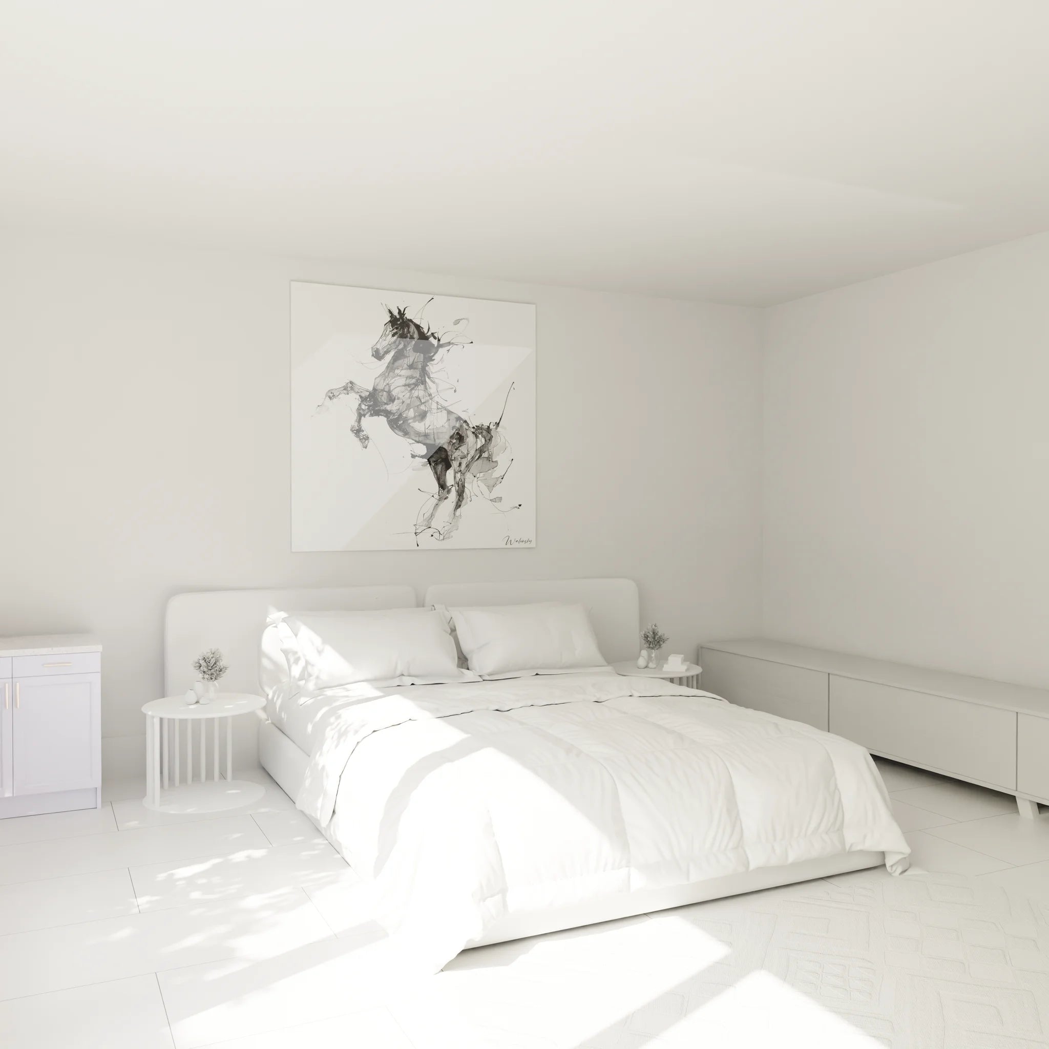 Tableau cheval cabré noir et blanc installé dans chambre moderne, décoration murale élégante