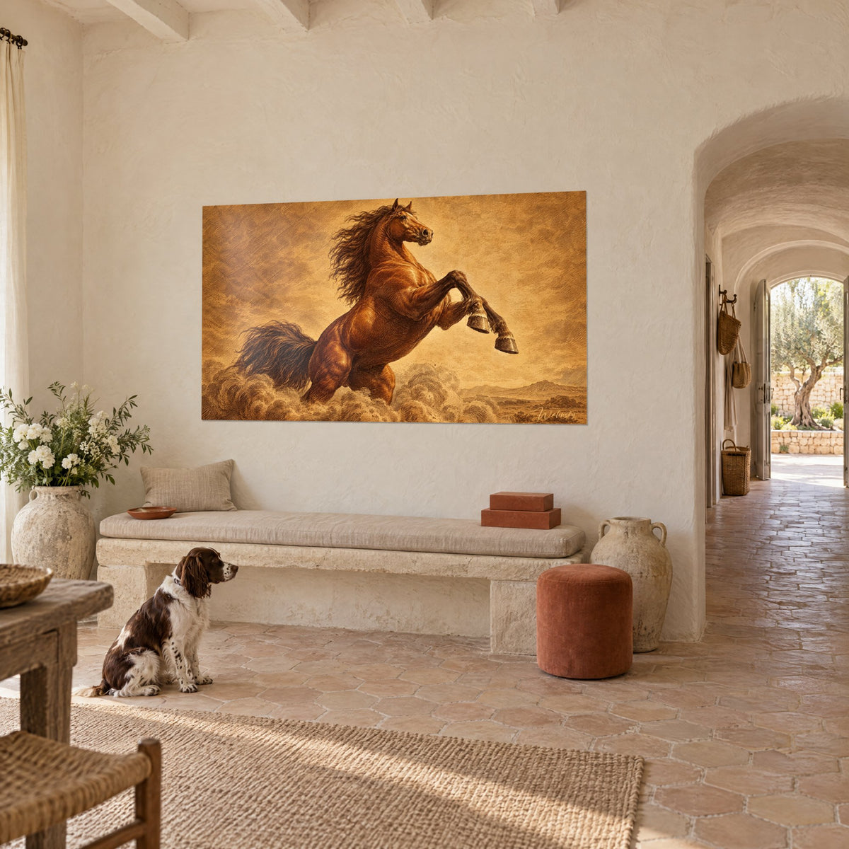 Tableau cheval dressé sur ses postérieurs, robe cuivrée et fond doré, vu de trois quarts, un spaniel assis devant