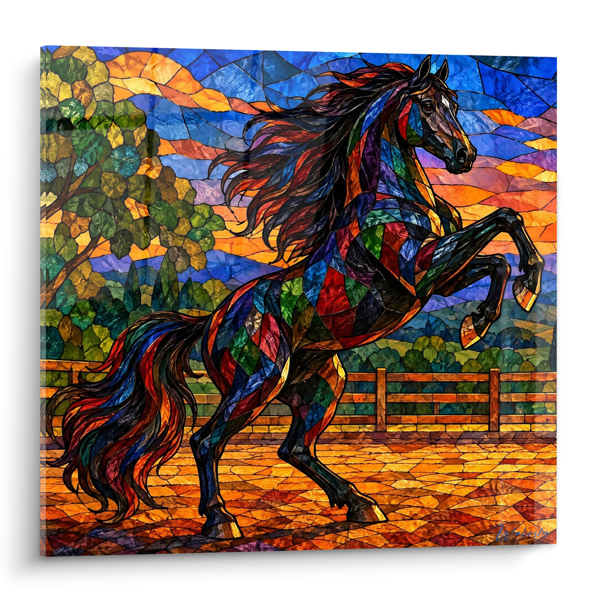 Tableau cheval cabré en vitrail bleu marine et doré, crinière rouge déployée face au couchant