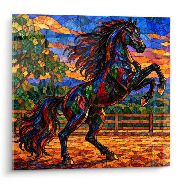 Tableau Cheval cabré en vitrail multicolore - Fougue indomptée - Edition Cheval