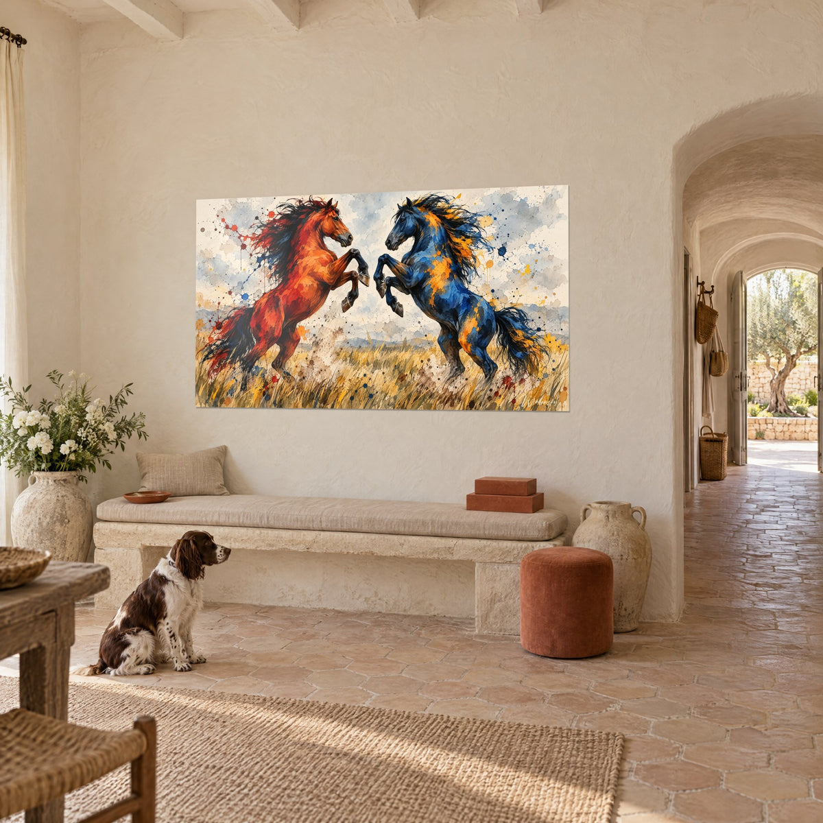 Tableau chevaux dressés sur leurs postérieurs, rouge brique et bleu nuit, herbes dorées, dans un mas provençal