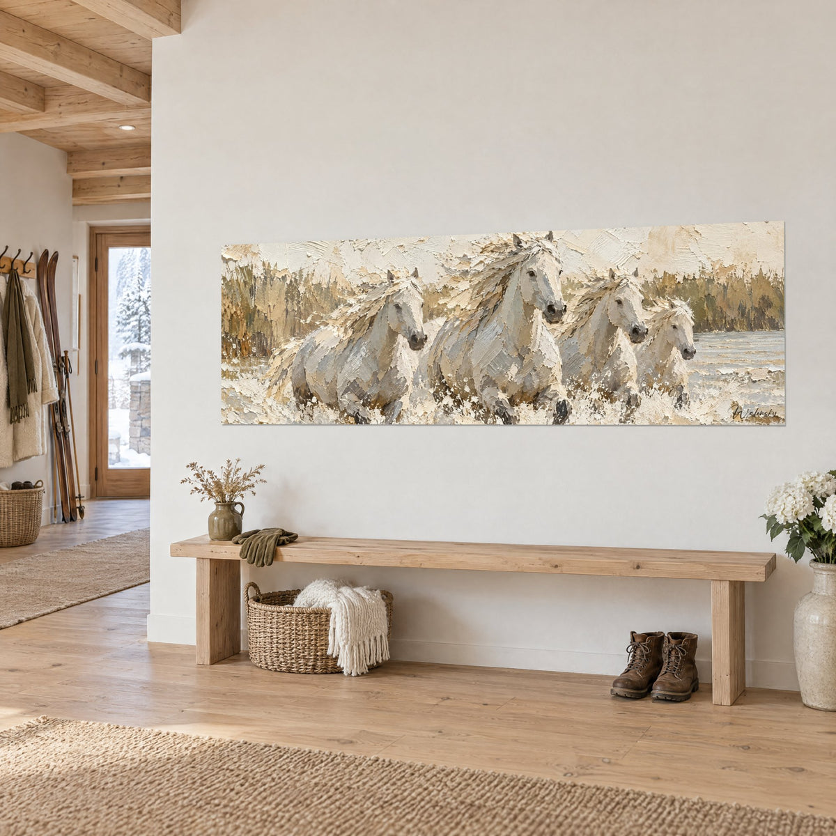 Tableau cheval de Camargue lancé dans l'eau, robe crème et ocre, banc en bois clair et chaussures dessous, trois-quarts d'un couloir de chalet