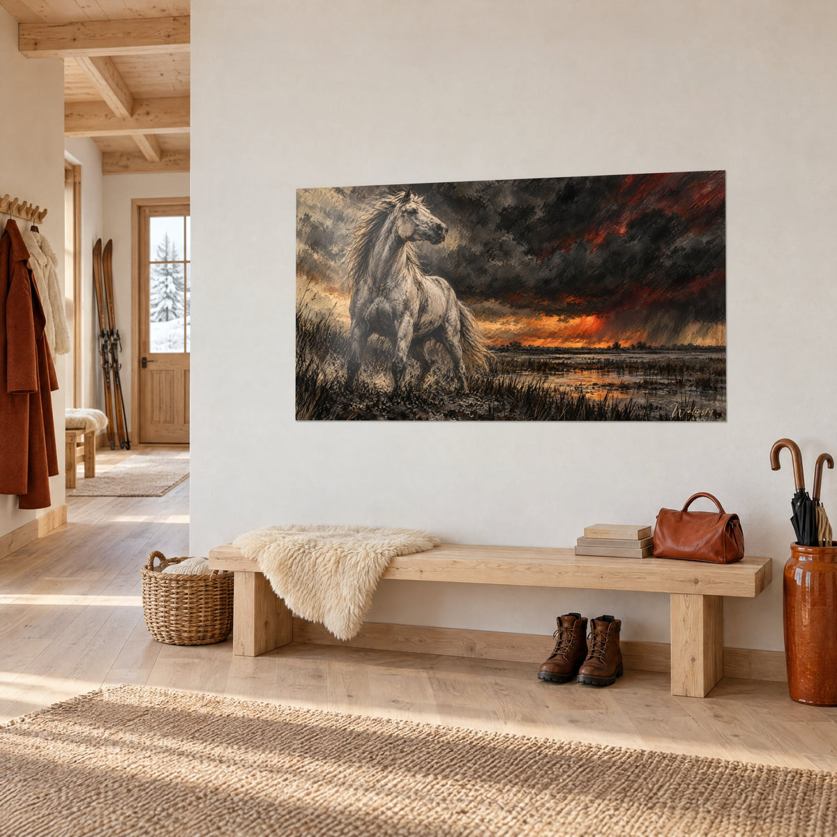 Tableau étalon pâle dressé dans les roseaux, ciel orange et anthracite, accroché au-dessus d'un banc en bois clair