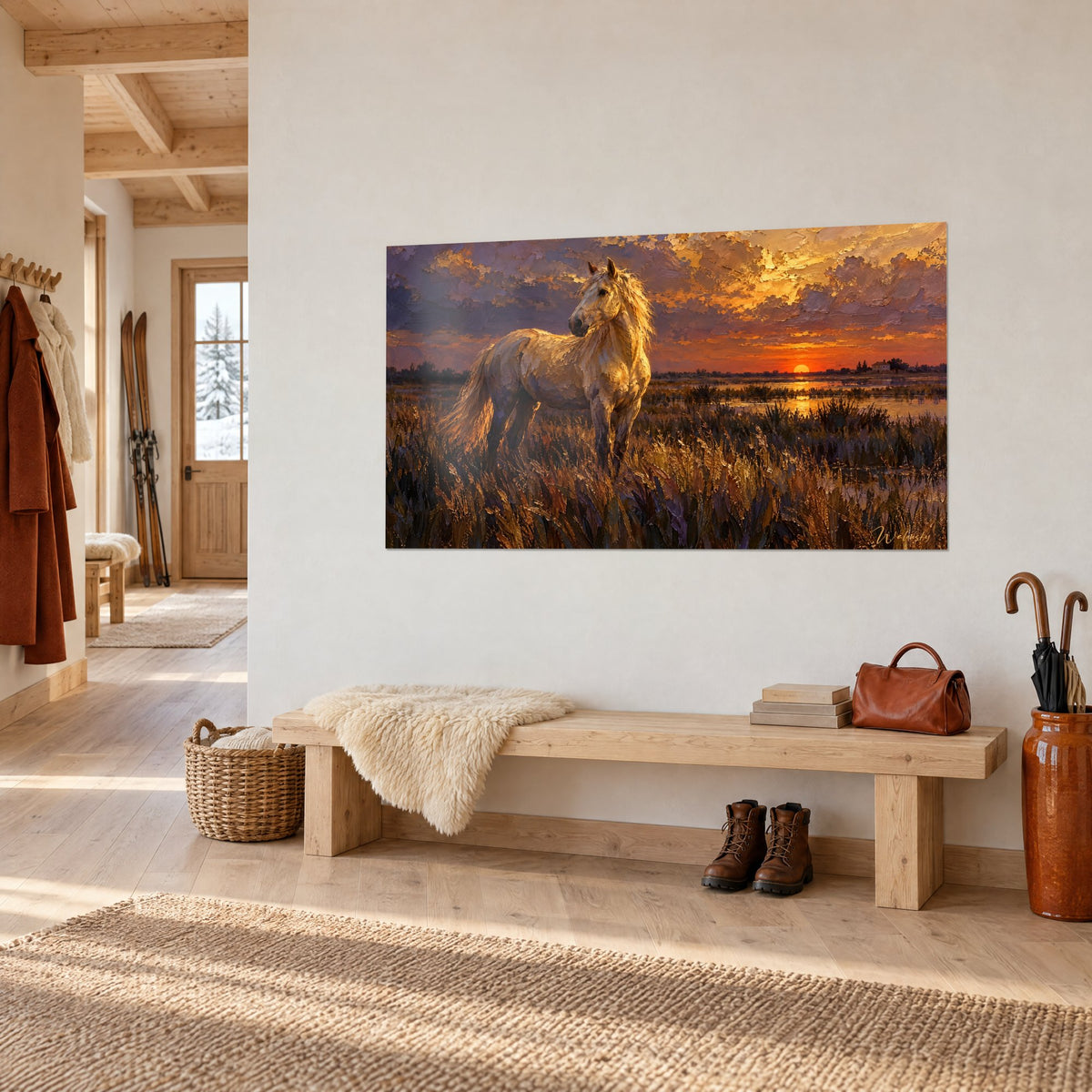 Tableau étalon crème à la crinière dorée devant un étang rouge feu, sur un mur blanc au-dessus d'un banc en bois clair