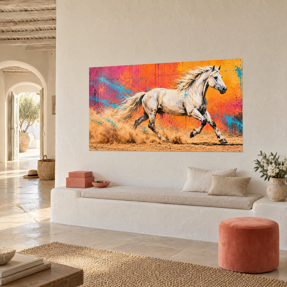 Tableau crinière ivoire flottant sur un fond fuchsia et turquoise, cheval lancé dans la poussière, banquette blanche en trois-quarts