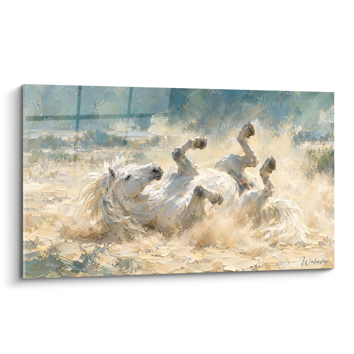Tableau Cheval de Camargue blanc se cabrant dans une eau dorée et bleu pastel éclaboussée