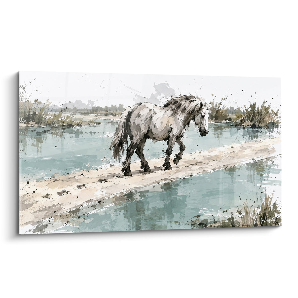 Tableau Cheval de Camargue blanc traversant un chemin sable entre eaux bleu pastel