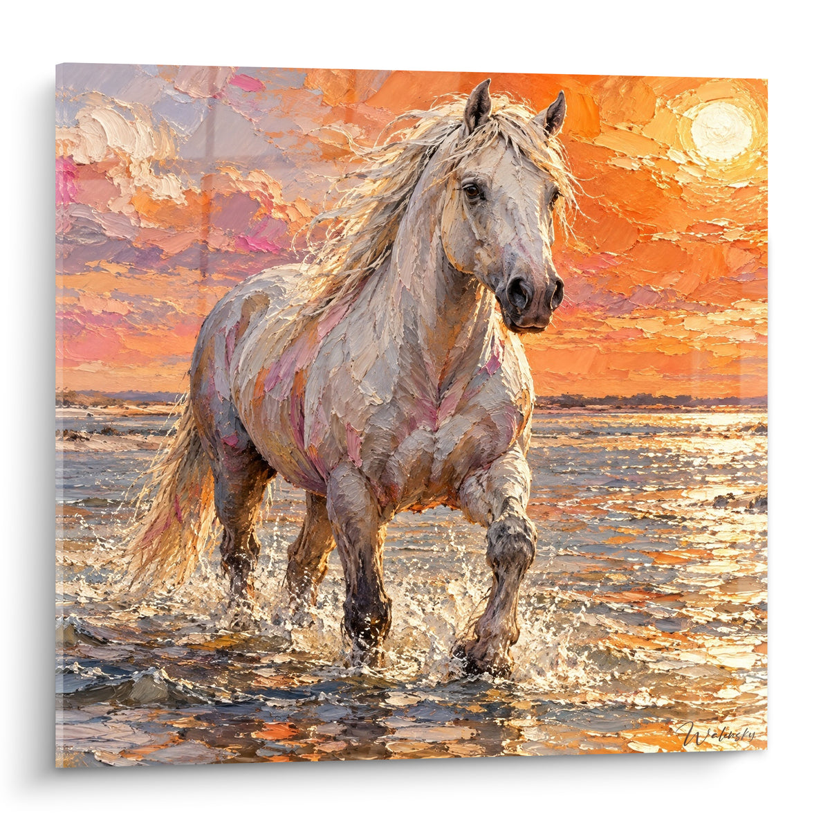 Tableau Cheval de Camargue blanc avançant dans l'eau sous un ciel orangé intense