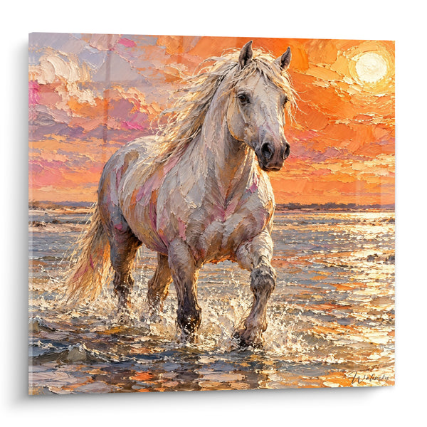 Tableau Cheval blanc dans les eaux orangées - Marche vers le soleil - Edition Cheval de Camargue