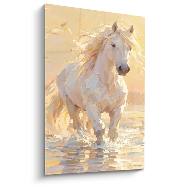 Tableau Cheval blanc traversant une eau dorée - Galop baigné de lumière - Edition Cheval de Camargue
