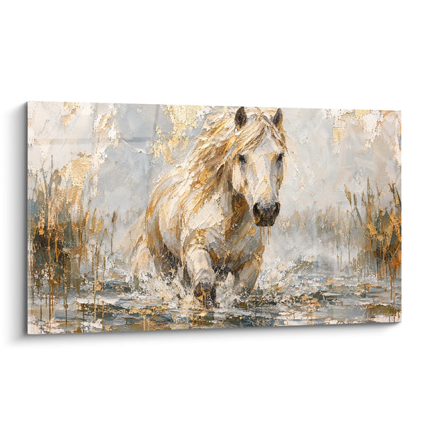 Tableau Cheval blanc doré avançant parmi les roseaux - Regard frontal intense - Edition Cheval de Camargue
