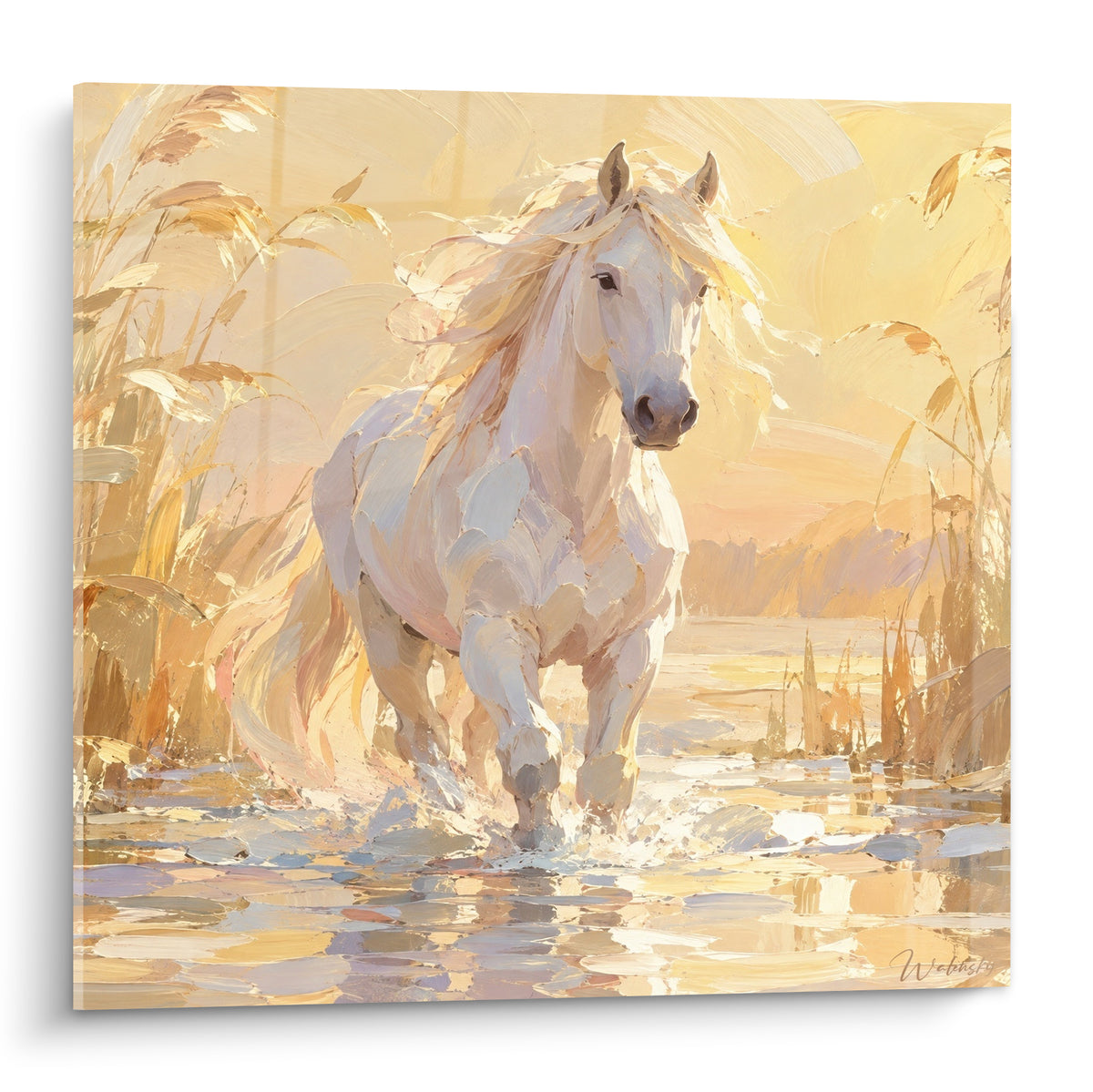 Tableau Cheval de Camargue blanc galopant dans une eau dorée parmi les roseaux ocre