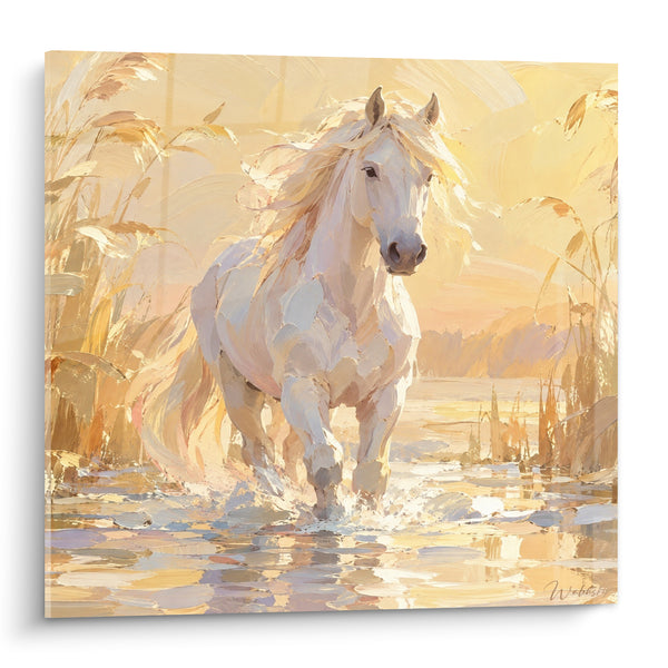 Tableau Cheval blanc doré traversant une eau dorée - Galop dans la lumière - Edition Cheval de Camargue