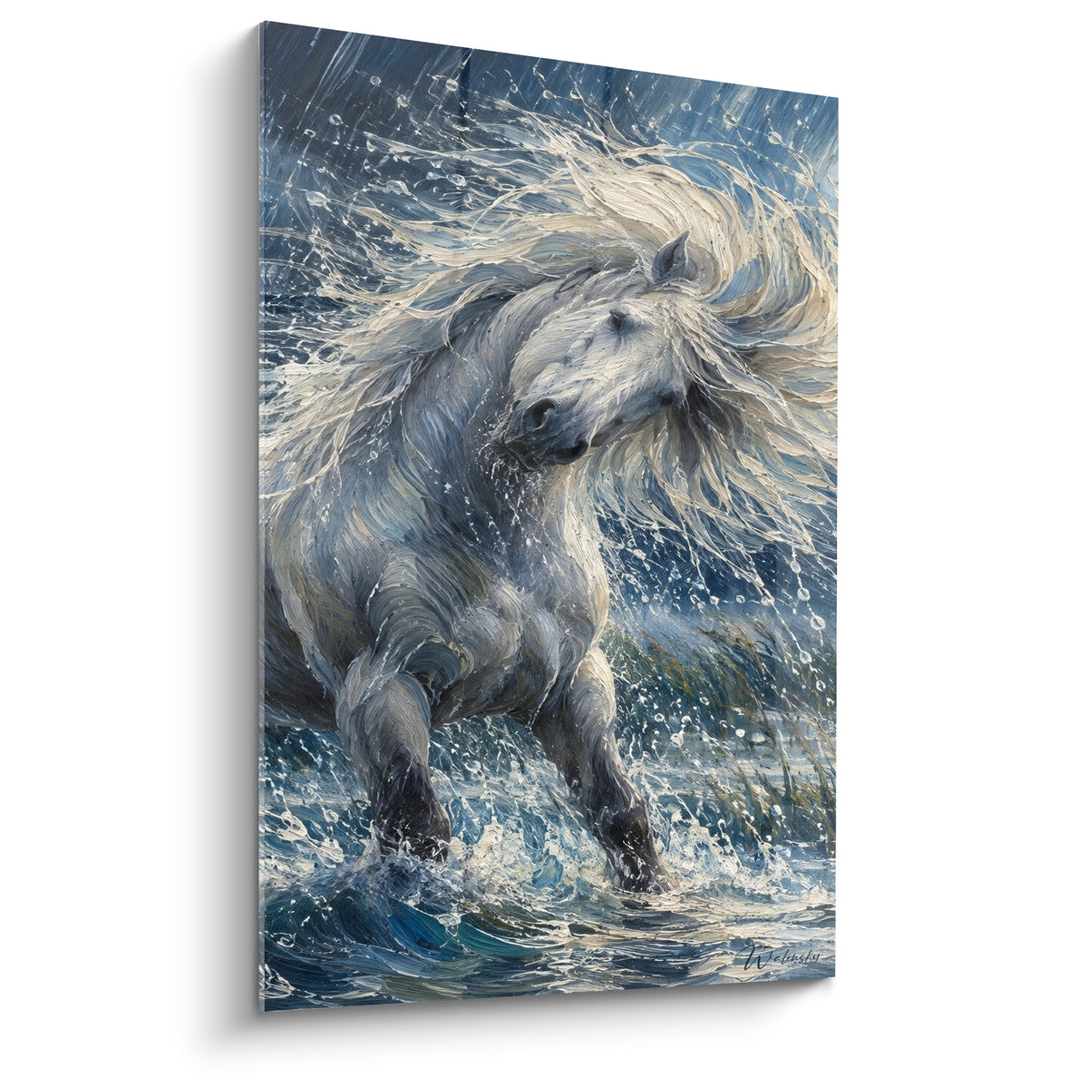 Tableau Cheval de Camargue blanc cabré dans l'eau bleu marine, crinière dorée au vent