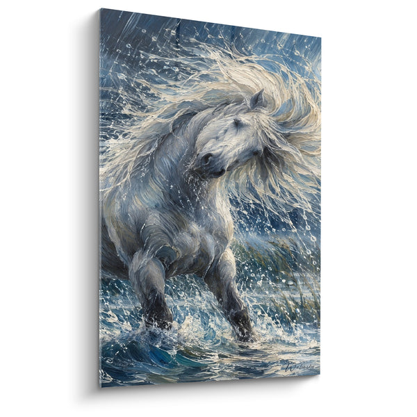 Tableau Cheval blanc crinière bleue dans l'eau - Galop océanique - Edition Cheval de Camargue