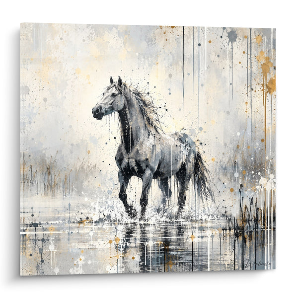 Tableau Cheval gris aux éclaboussures dorées et noires - Reflets sur l'eau calme - Edition Cheval de Camargue