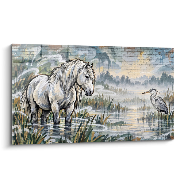 Tableau Cheval blanc et héron dans les marais - Rencontre silencieuse - Edition Cheval de Camargue