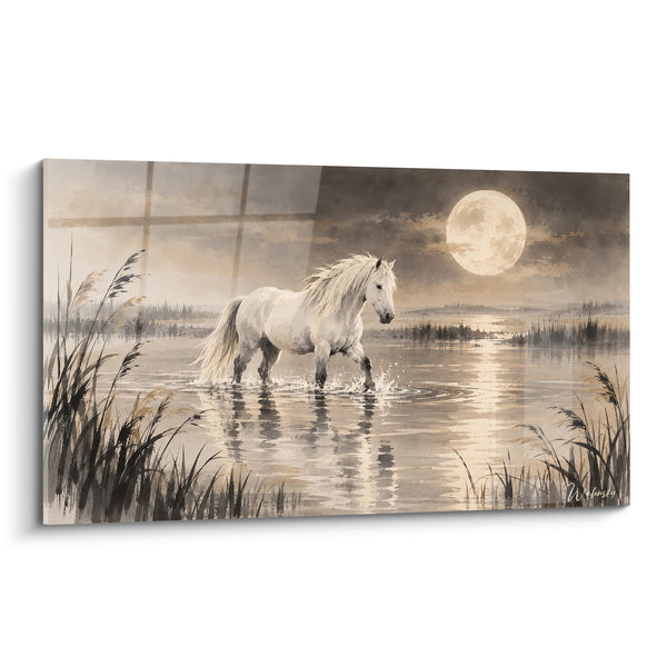 Tableau Cheval blanc traversant un marais lunaire - Marche sous la lune - Edition Cheval de Camargue