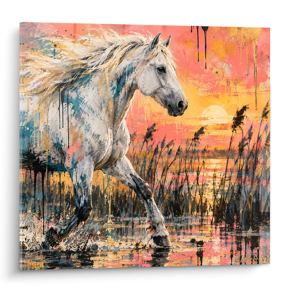 Tableau Cheval blanc dans des marais roses - Galop au couchant - Edition Cheval de Camargue