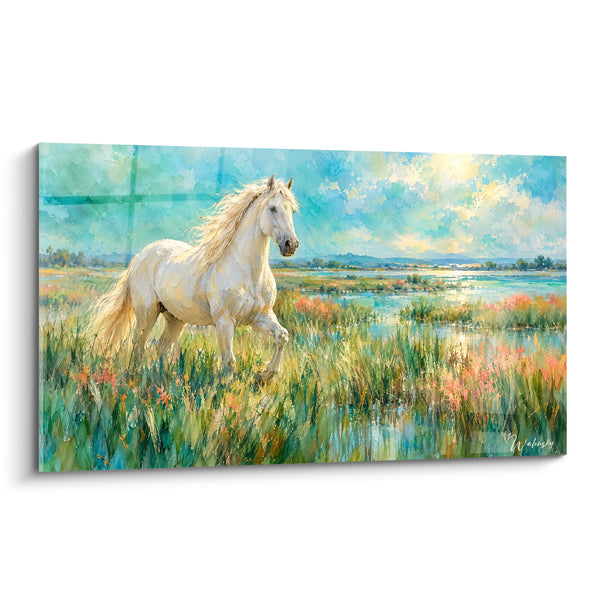 Tableau Cheval blanc crinière au vent dans un marais turquoise - Galop dans les marécages - Edition Cheval de Camargue