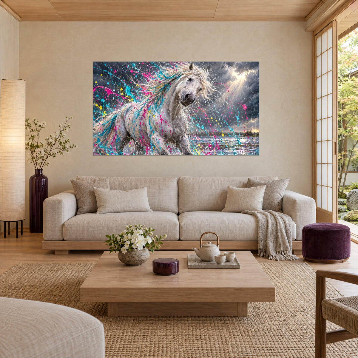 Tableau étalon blanc éclaboussé de rose fuchsia et turquoise, crinière au vent, au-dessus d'un canapé dans un salon lumineux