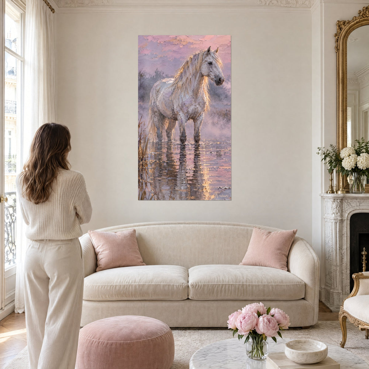 Tableau cheval blanc debout dans l'eau, crinière dorée, ciel rose et mauve, au-dessus d'un canapé dans un salon lumineux