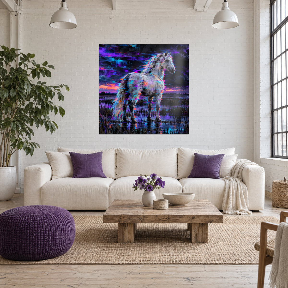 Tableau cheval blanc de Camargue, crinière violette et orange, marais bleu nuit, au-dessus d'un canapé dans un salon lumineux