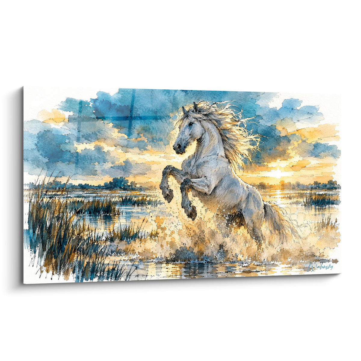 Tableau Cheval de Camargue blanc cabré dans l'eau, ciel bleu marine et doré au coucher du soleil