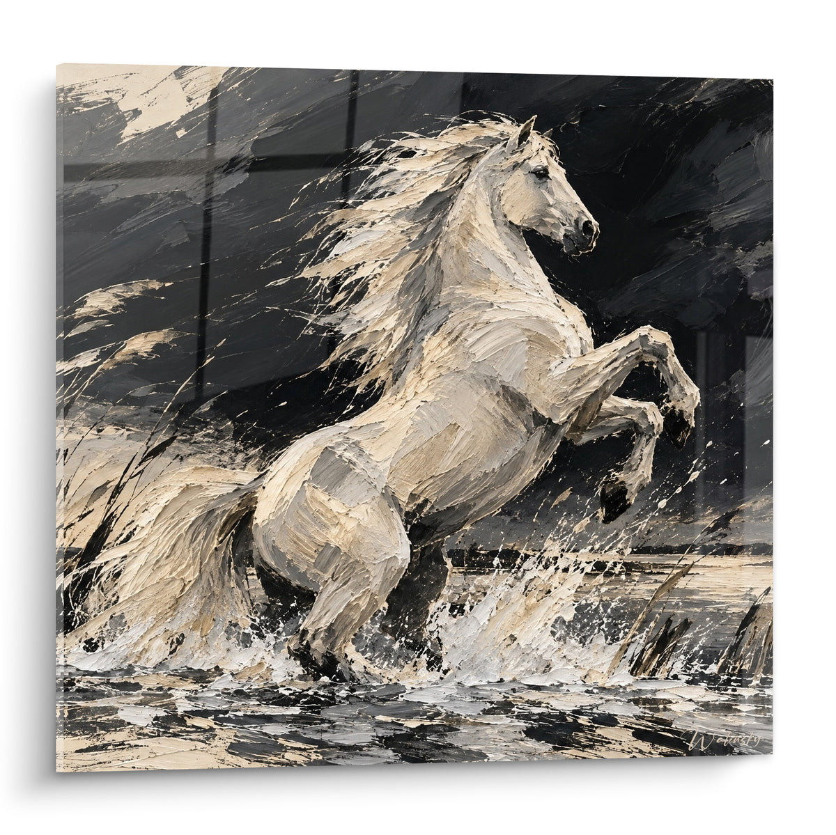 Tableau Cheval de Camargue cabré, robe crème et fond anthracite, empâtements expressifs à la spatule