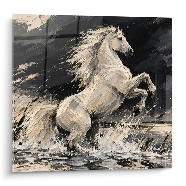 Tableau Cheval blanc cabré dans l'écume noire - Ruade sauvage - Edition Cheval de Camargue