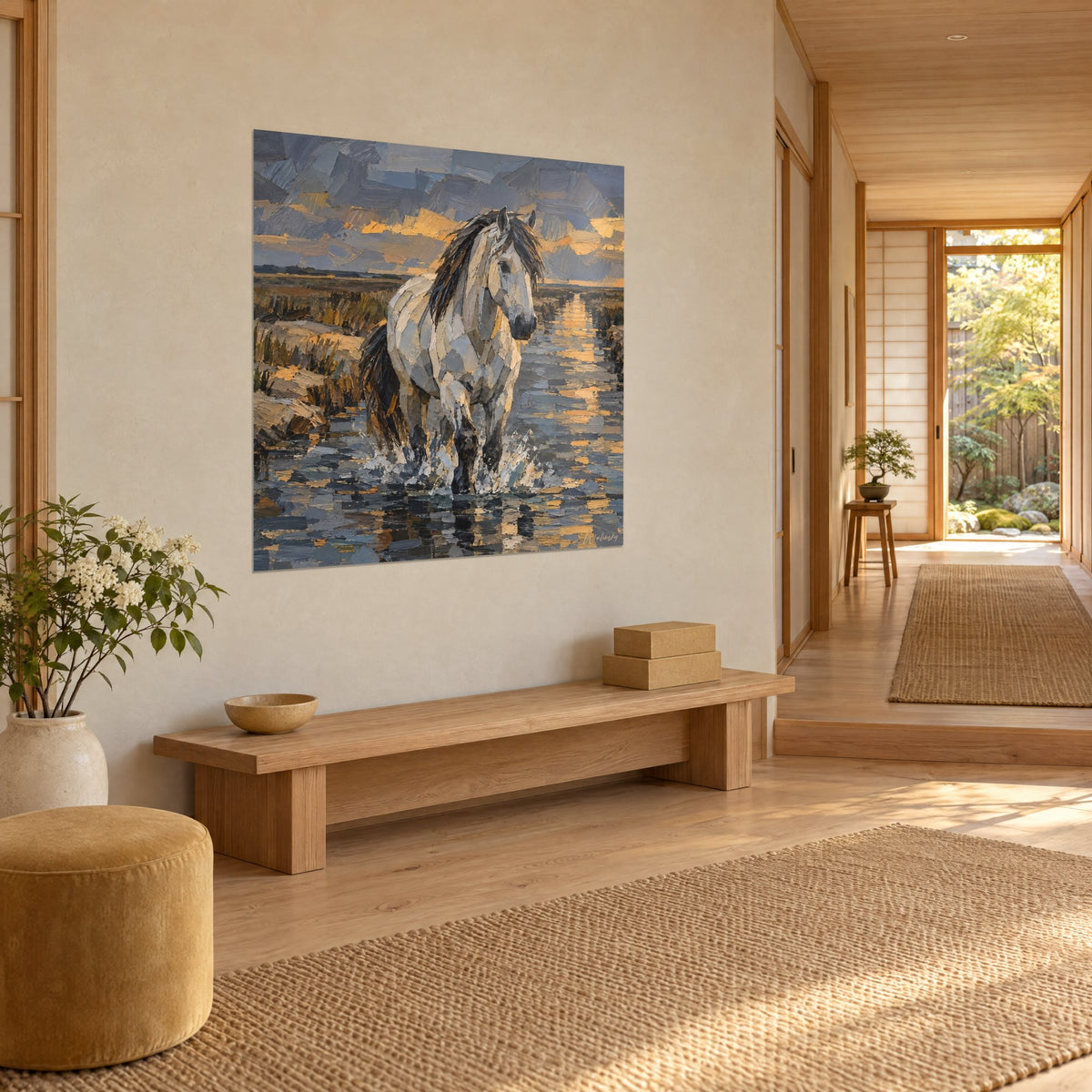 Tableau camargue au pas dans l'eau, robe blanche et gris perle, reflets safran, sur un mur beige près d'un banc en bois