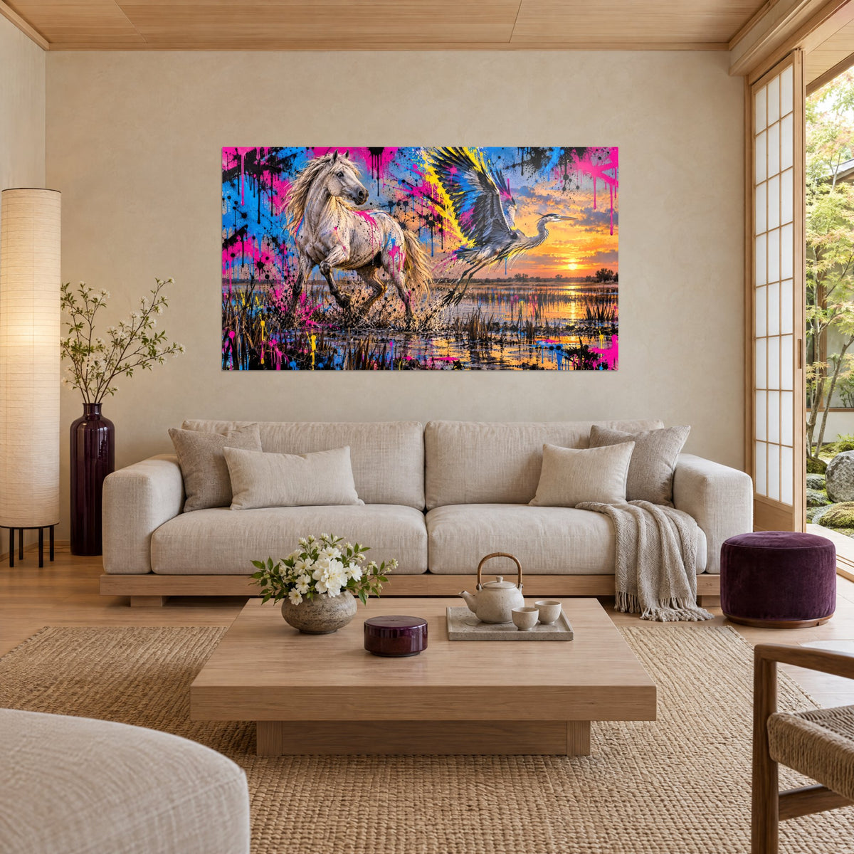 Tableau étalon blanc cabré dans les marais, éclaboussures rose fuchsia et bleu, au-dessus d'un canapé dans un salon lumineux