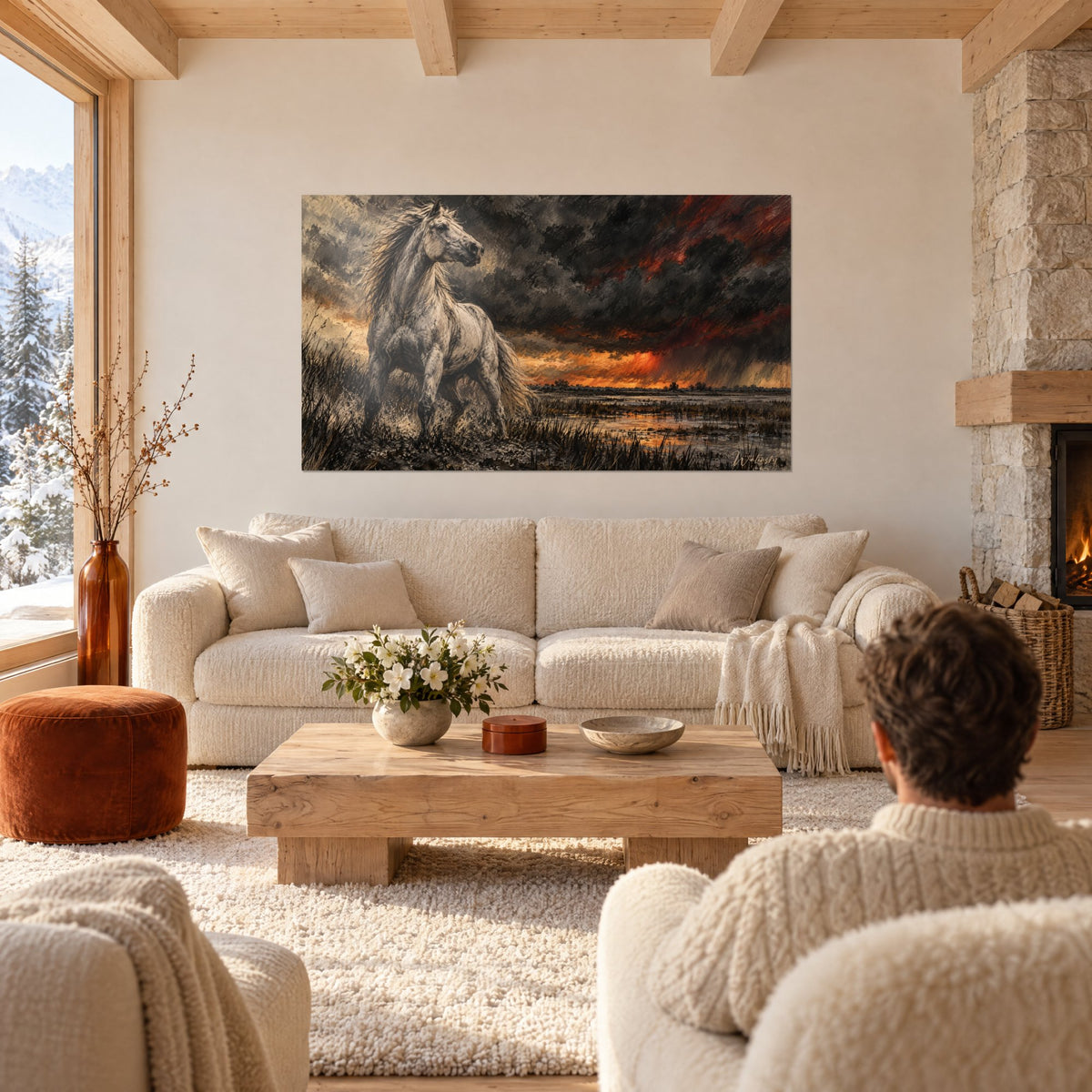 Tableau cheval blanc crinière au vent sous nuées noires et rouge sang, au-dessus d'un canapé dans un salon lumineux