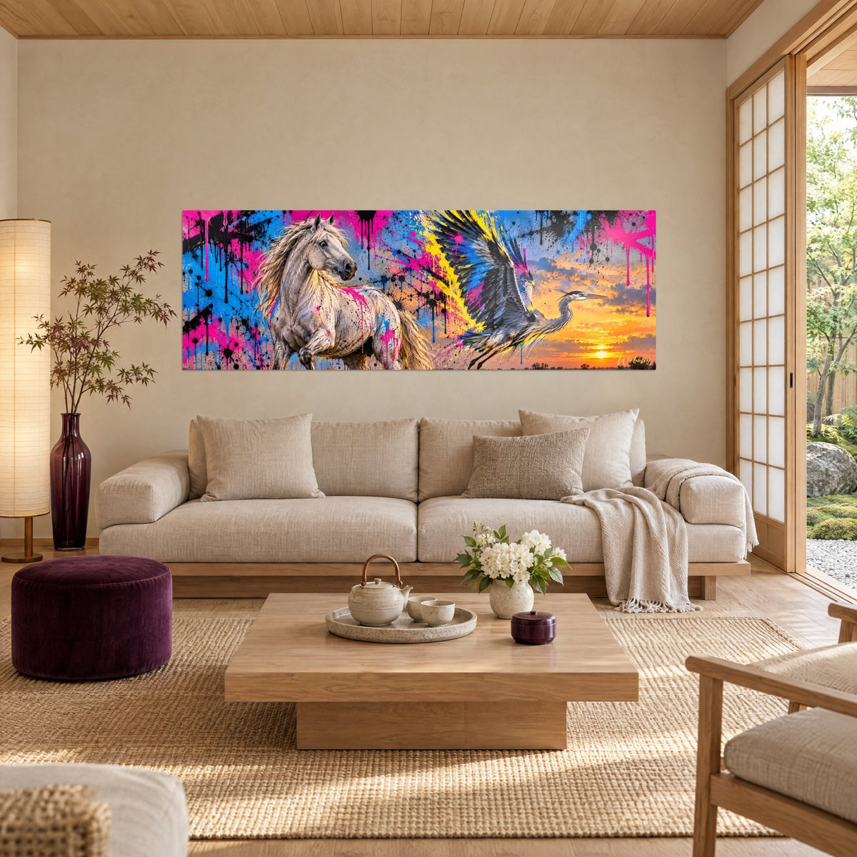 Tableau cheval blanc crinière au vent, héron aux ailes jaunes et bleues sur fond rose, au-dessus d'un canapé dans un salon lumineux