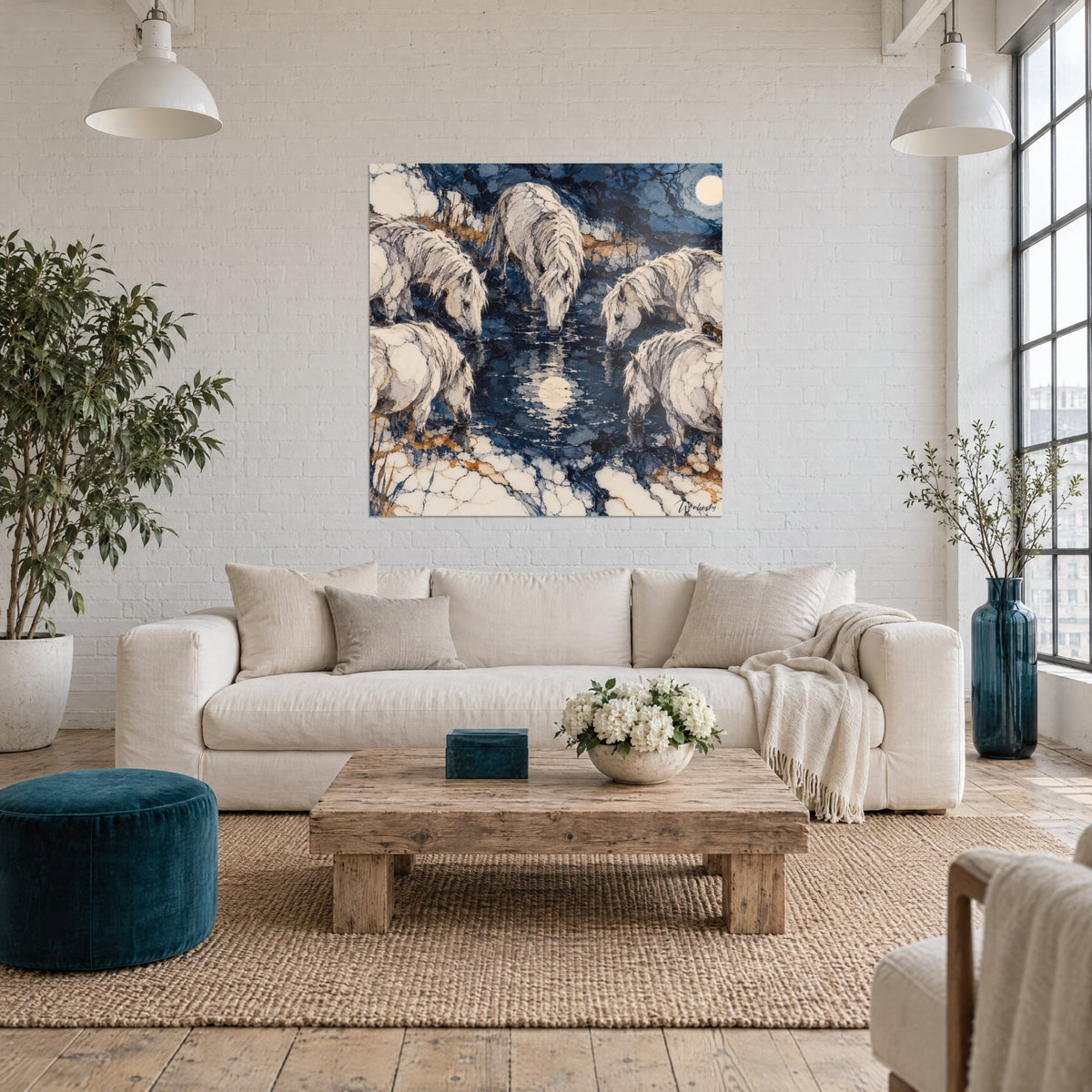 Tableau chevaux camarguais blancs buvant sous une lune dorée, bleu marine et ocre, au-dessus d'un canapé dans un salon lumineux