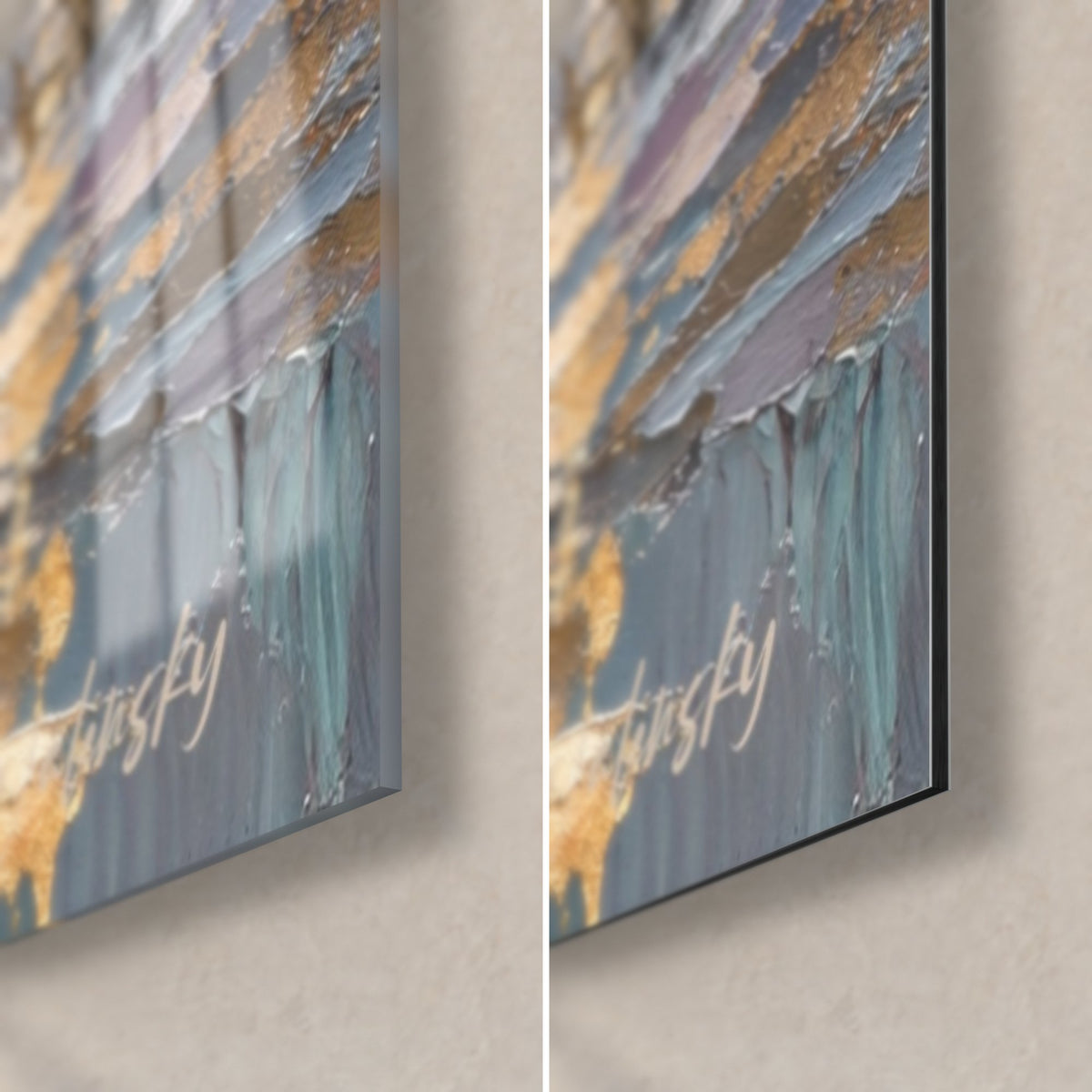 Tableau étalons blancs en peinture épaisse, coin bas droit : verre brillant bleu turquoise et or à gauche, Dibond mat à droite