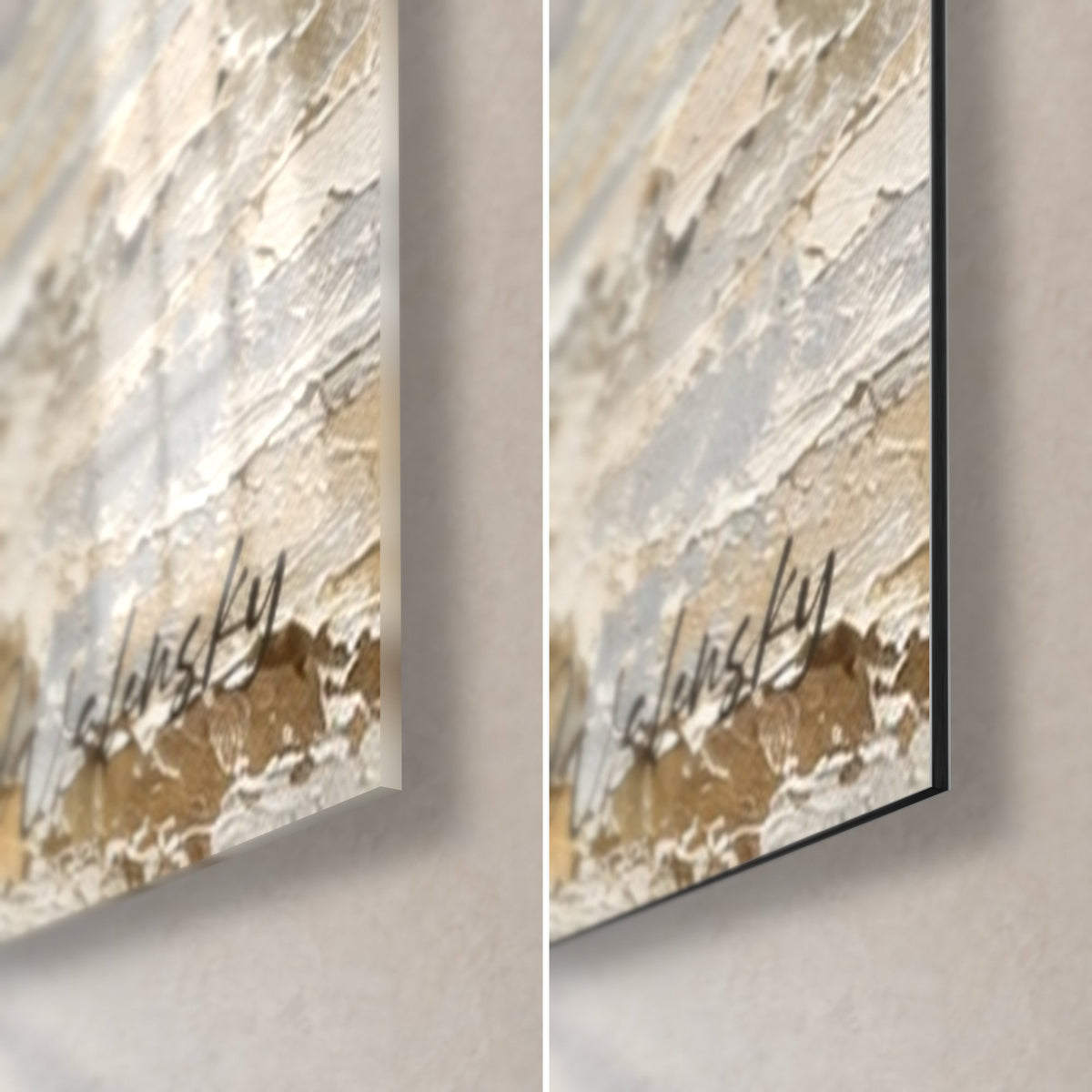 Tableau quatre chevaux blancs, coin bas droit à la signature Walensky, empâtements beige et ocre, verre brillant et Dibond noir mat