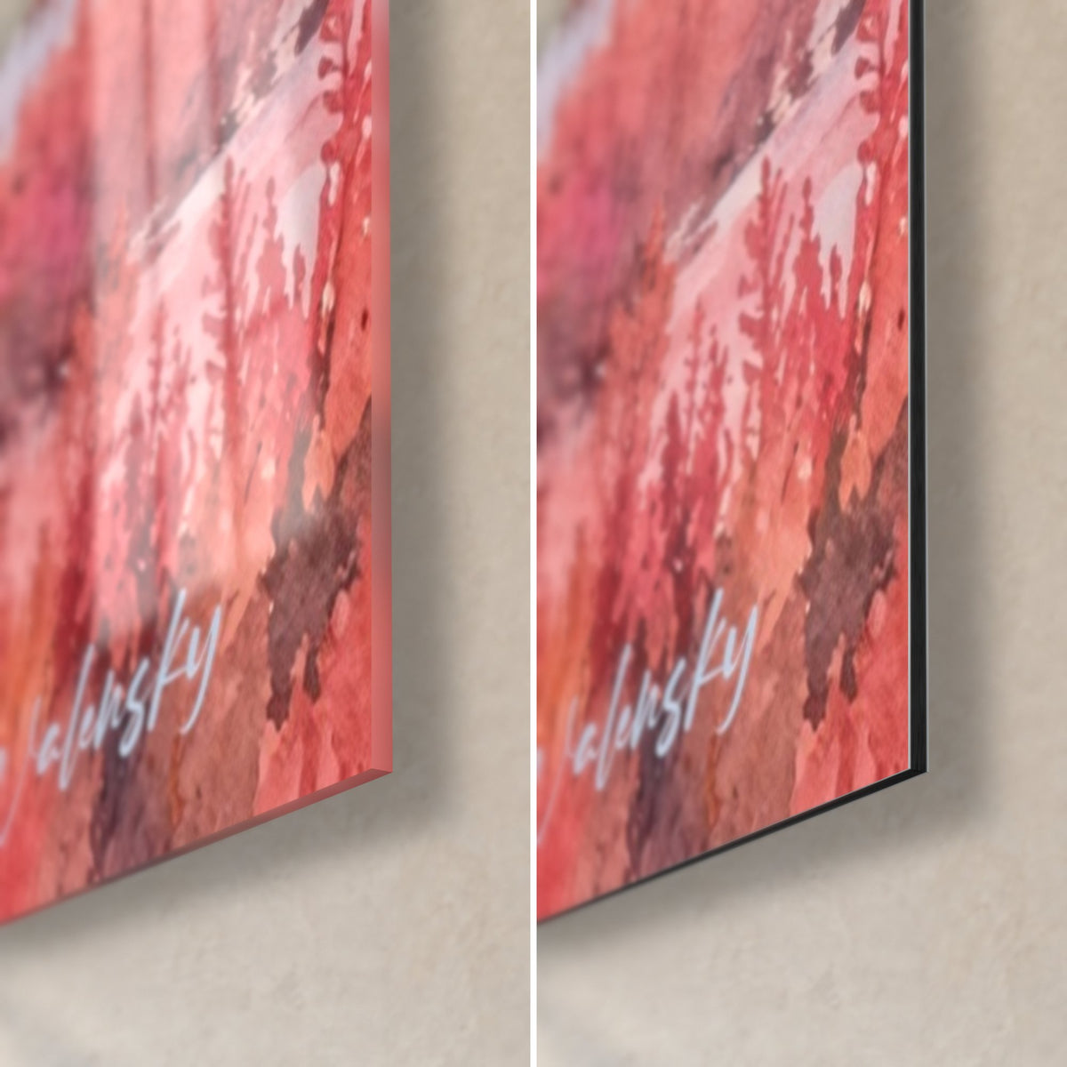 Tableau coursier blanc dans les salicornes roses, coin bas droit : verre acrylique brillant à gauche, Dibond noir mat à droite