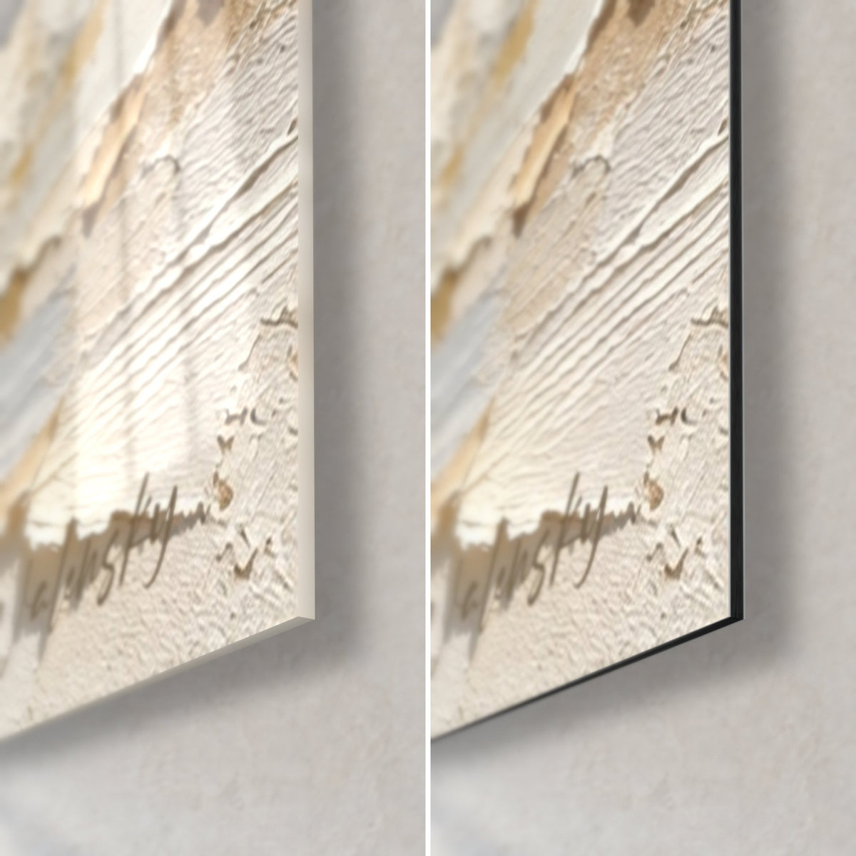 Tableau chevaux blancs en peinture épaisse, coin bas droit : verre acrylique brillant à gauche, Dibond gris mat à droite
