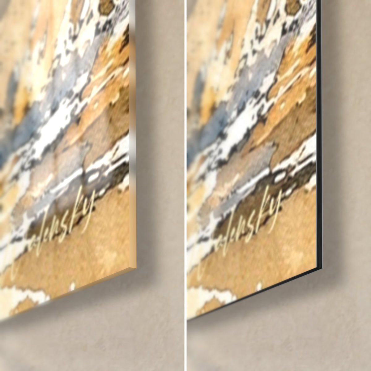 Tableau cheval de Camargue cabré, coin bas droit en verre brillant et alu Dibond mat, taches ocre et gris, tranche de 3 mm