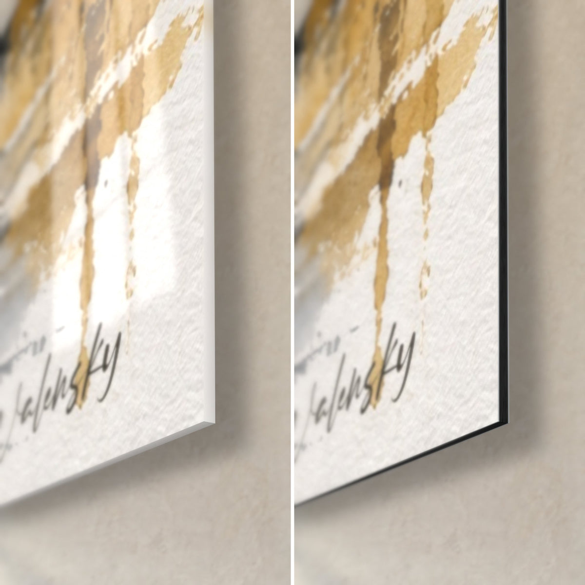 Tableau robe blanche aquarellée, coin bas droit : verre brillant à gauche, Dibond mat à droite, coulures ocre, tranche noire de 3 mm