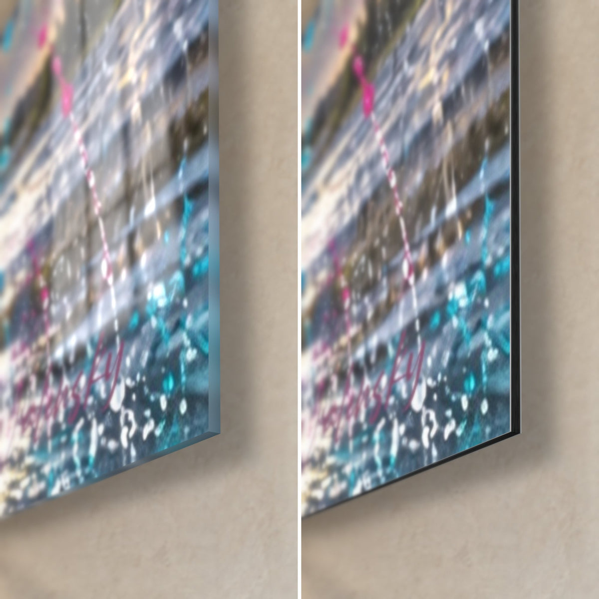 Tableau robe blanche constellée de gouttes turquoise et roses, coin bas droit en verre brillant et Dibond noir mat de 3 mm