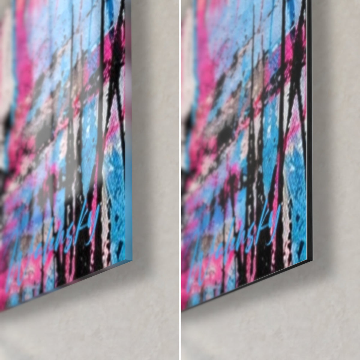 Tableau cheval blanc, coin bas droit : verre acrylique brillant à gauche, alu Dibond mat à droite, tranche noire de 3 mm
