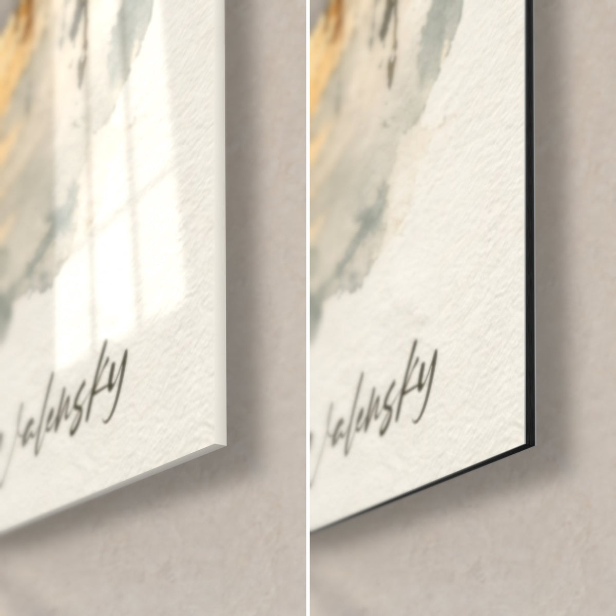 Tableau chevaux blancs en aquarelle, coin bas droit : verre brillant à gauche, Dibond mat à droite, tranche noire de 3 mm