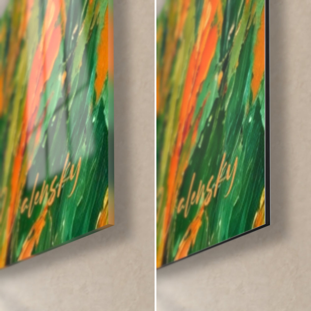 Tableau étalon blanc aux touches de peinture épaisses, vert et orange, coin bas droit en verre brillant et Dibond mat