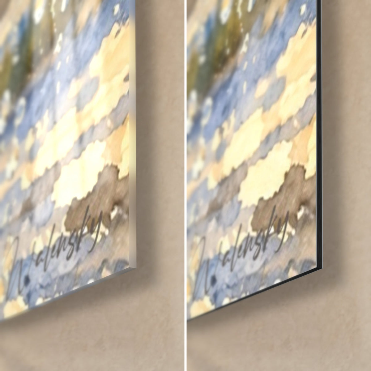 Tableau crinière dorée de la jument blanche, coin bas droit : verre brillant et reflets à gauche, Dibond mat gris à droite